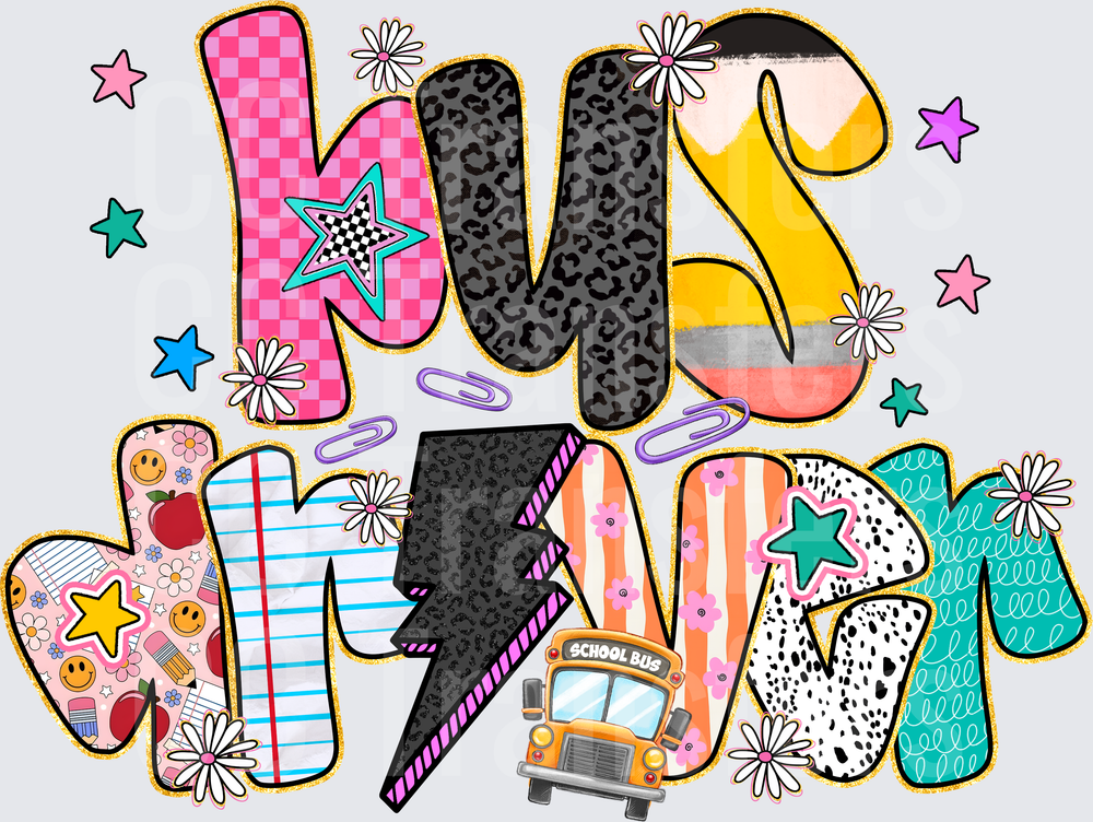 Bus Driver Boho Patterned Lettering School Bus (DTF)