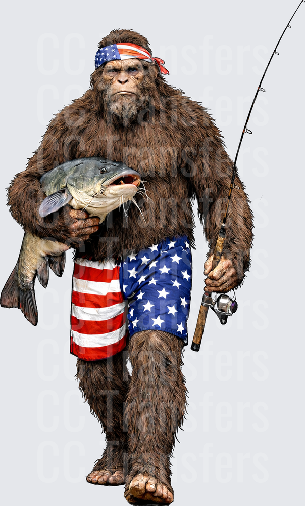 Patriotic Sasquatch Holding Catfish with Fishing Rod (DTF)