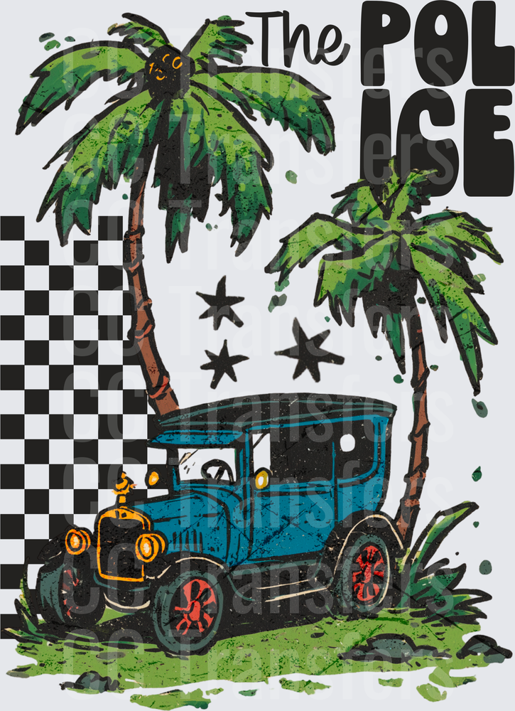 Vintage Blue Car Palm Trees Checker Band Graphic (DTF)