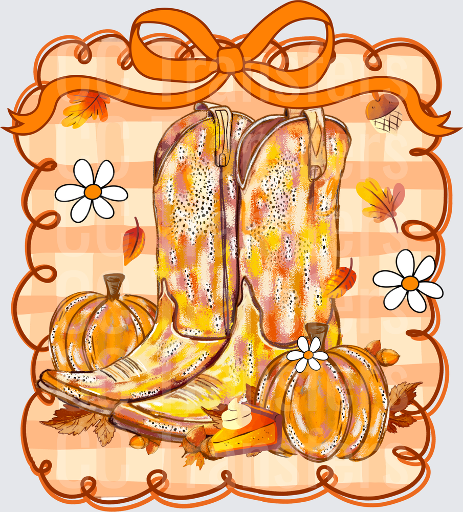 Fall Cowboy Boots Pumpkins Orange Bow Autumn Leaves (DTF)