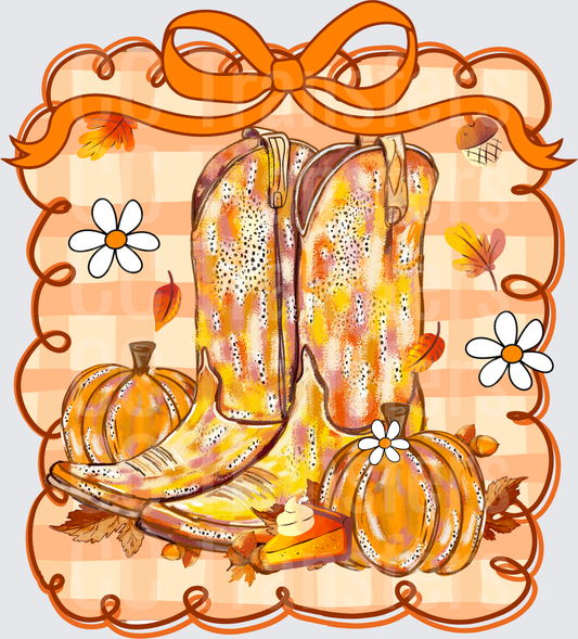 Fall Cowboy Boots Pumpkins Orange Bow Autumn Leaves (DTF)