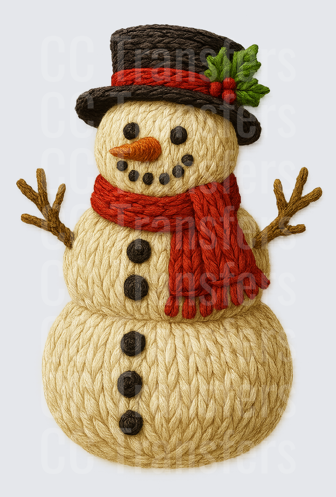 Embroidered Yarn Snowman with Red Scarf and Top Hat (DTF)