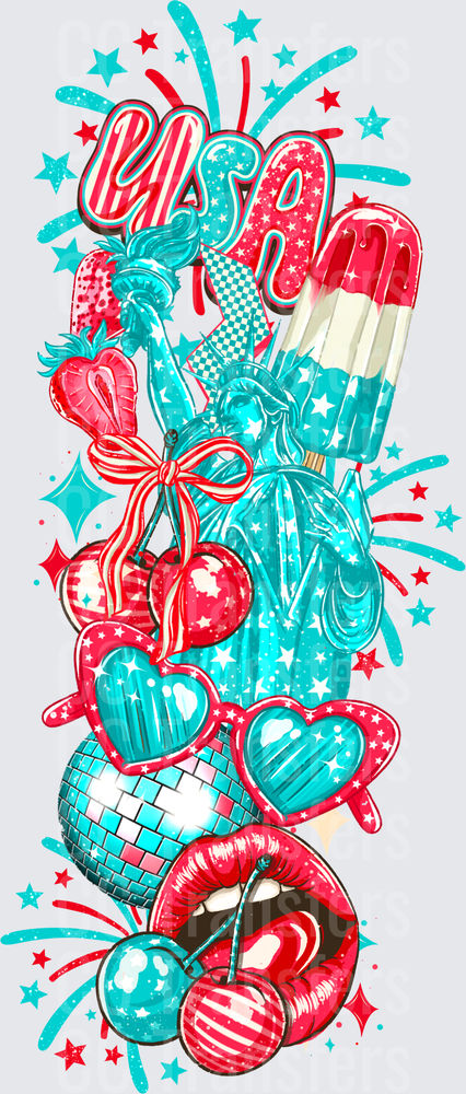 Patriotic USA Lady Liberty Red Teal Summer Collage (DTF)