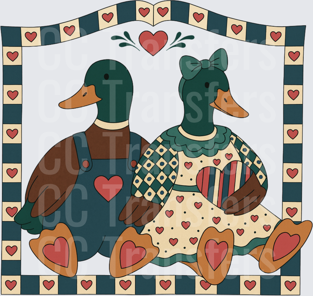 Country Folk Art Duck Couple with Hearts Border (DTF)
