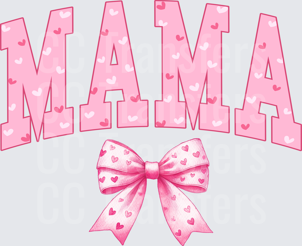 Pink Heart Pattern Mama Varsity Letters with Coquette Bow (DTF)
