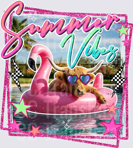 Summer Vibes Highland Cow Pink Flamingo Pool Float DTF