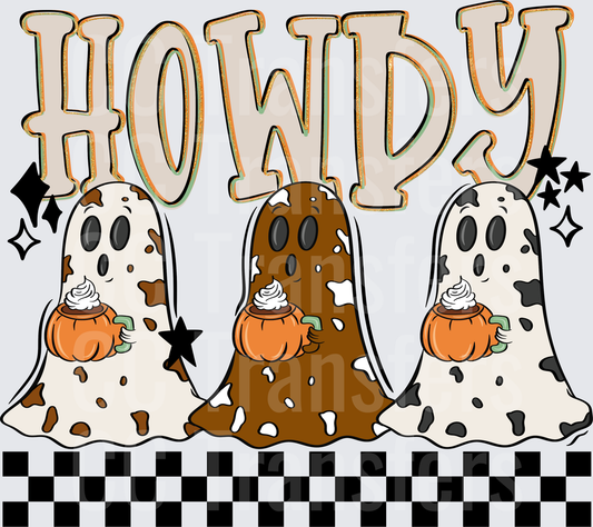 Howdy Cow Print Ghosts Holding Pumpkin Lattes (DTF)