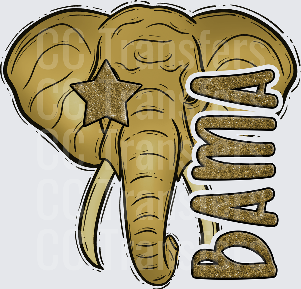 Gold Glitter Elephant Head with Star and Bama Text (DTF)