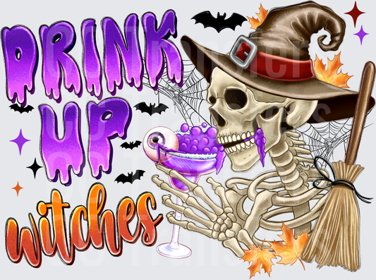 Drink Up Witches Halloween Skeleton Witch Hat Cocktail (DTF)