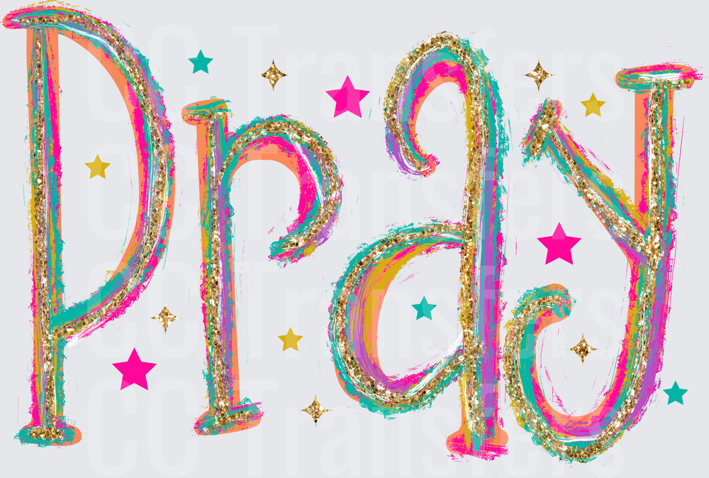 Colorful Glitter Pray Word Art with Stars (DTF)
