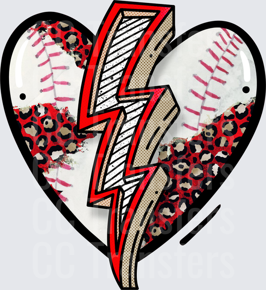 Softball Heart Lightning Bolt Leopard Print Design (DTF)