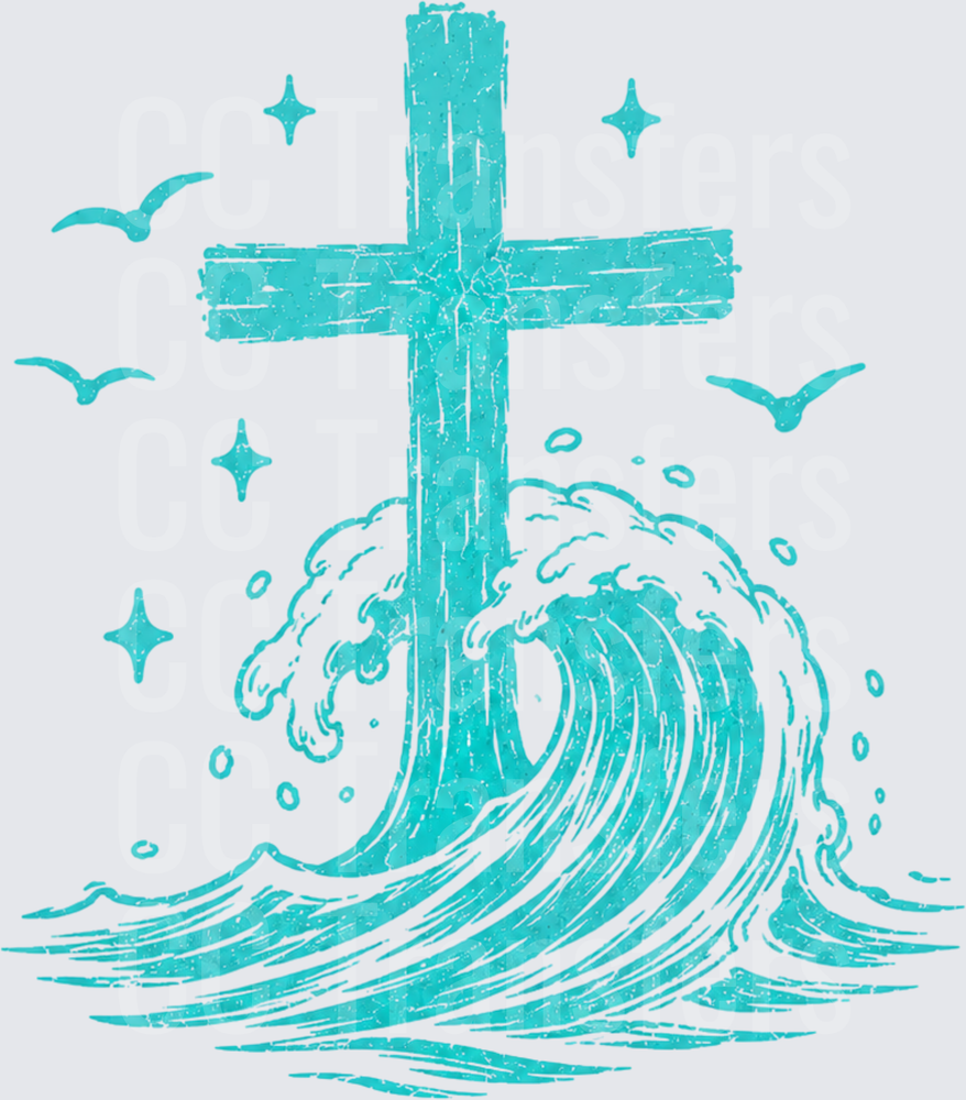 Teal Ocean Wave Cross with Seagulls and Stars (DTF)