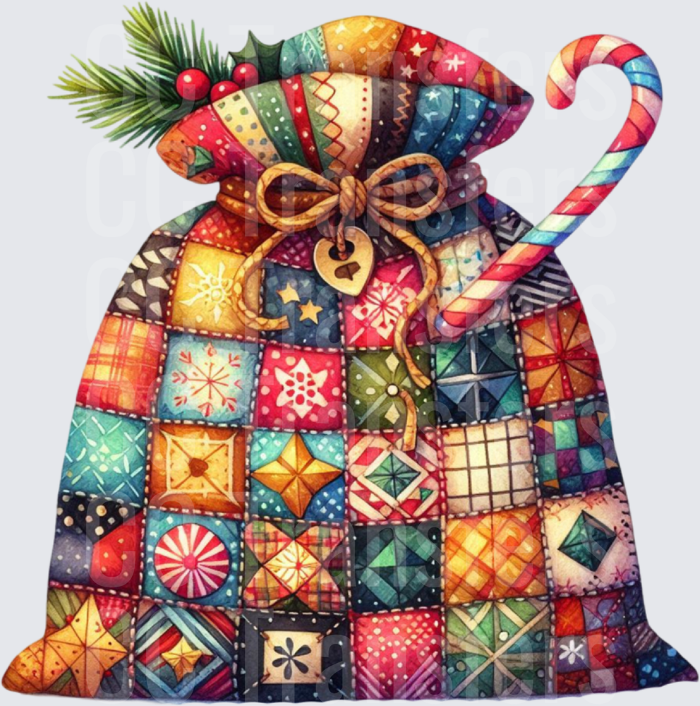 Colorful Patchwork Quilt Christmas Gift Sack Candy Cane (DTF)