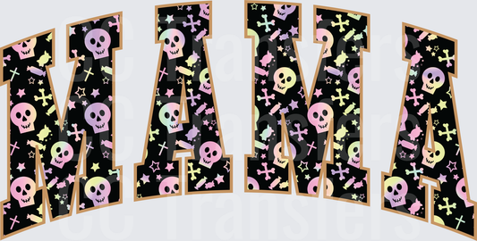 Mama Varsity Letters Pastel Halloween Skulls Pattern (DTF)
