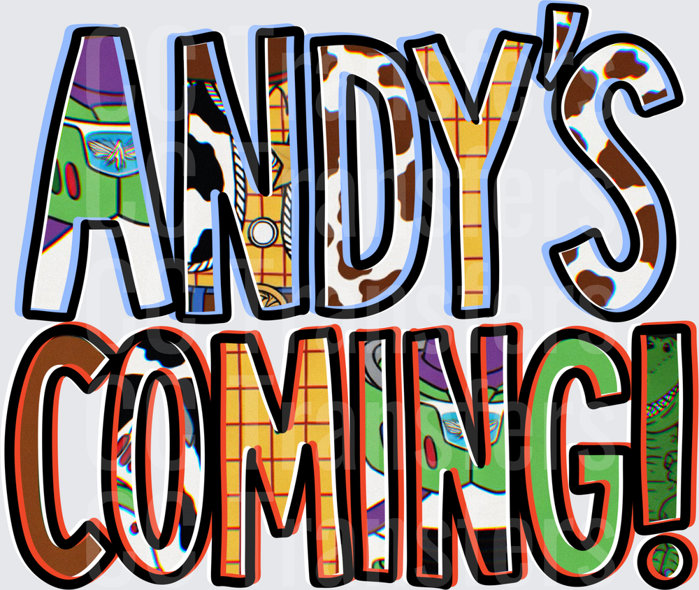 Andy's Coming Bold Text Filled With Toy Patterns (DTF)