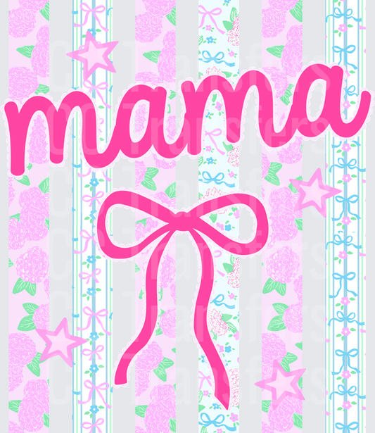 Mama Hot Pink Bow Stars Floral Stripe Pattern DTF