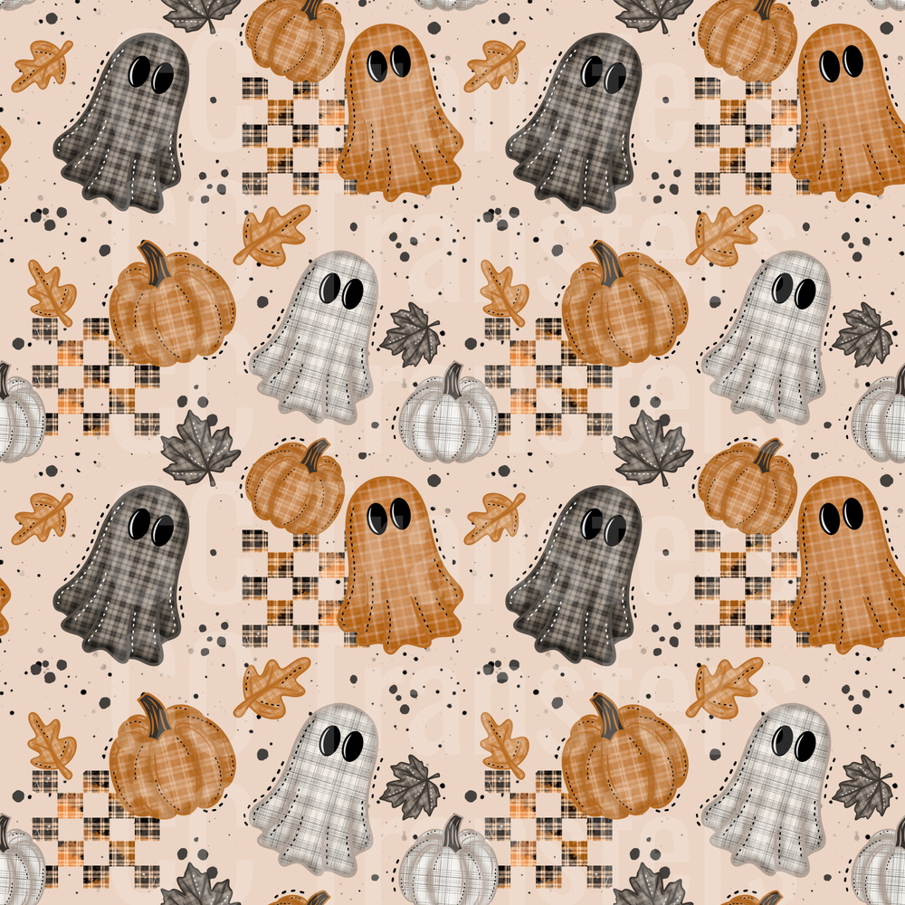 Plaid Patchwork Ghosts Pumpkins Fall Leaves Pattern (DTF)