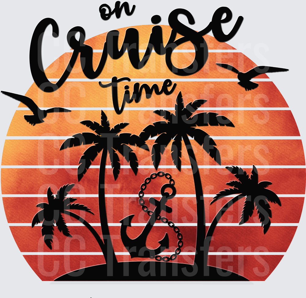 On Cruise Time Retro Sunset Palm Trees Anchor (DTF)