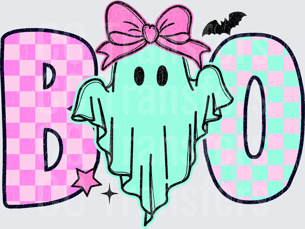 Boo Checkered Ghost with Pink Bow and Bat Halloween (DTF)