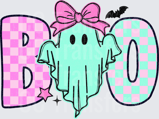 Boo Checkered Ghost with Pink Bow and Bat Halloween (DTF)