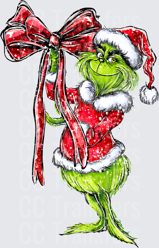 Grumpy Green Christmas Creature Santa Hat Red Bow (DTF)