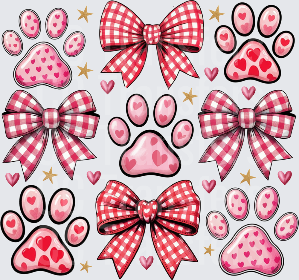 Valentine Pink Paw Prints Red Gingham Bows Hearts (DTF)