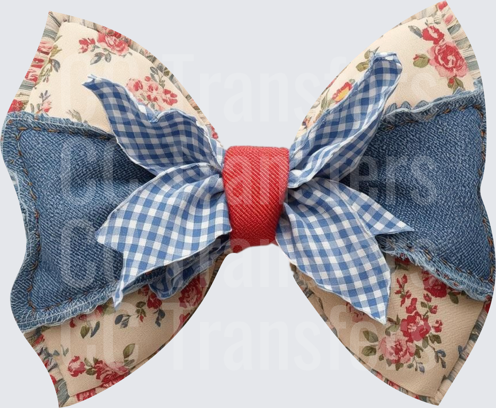 Layered Floral Denim Gingham Hair Bow (DTF)