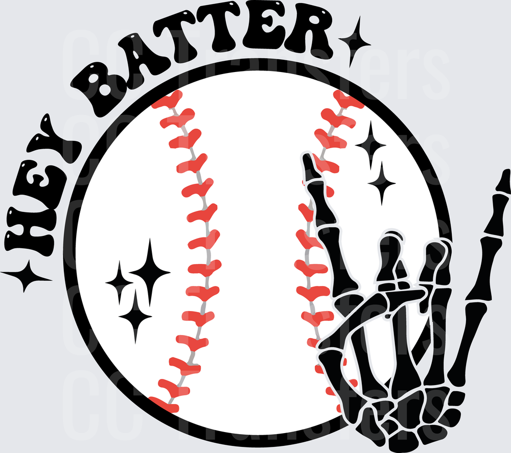 Hey Batter Baseball Skeleton Hand Sparkle Design (DTF)