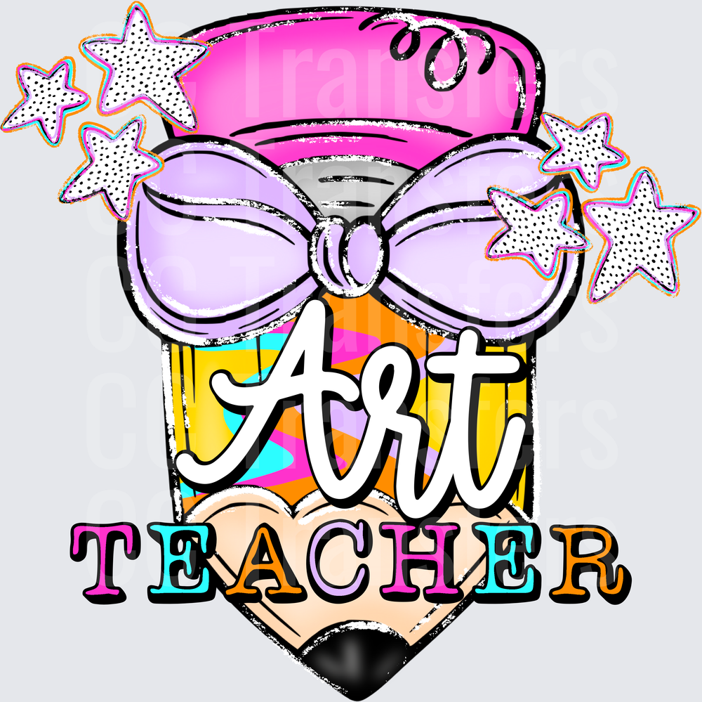 Colorful Pencil with Bow Art Teacher Stars Design (DTF)