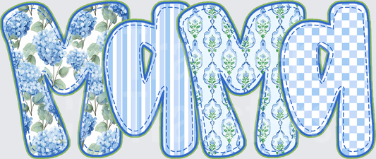 Blue Patchwork MOM Letters Hydrangea Floral Pattern (DTF)