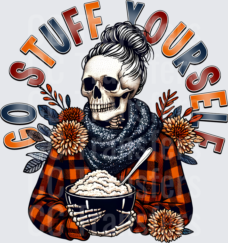 Go Stuff Yourself Skeleton Messy Bun Thanksgiving Bowl (DTF)
