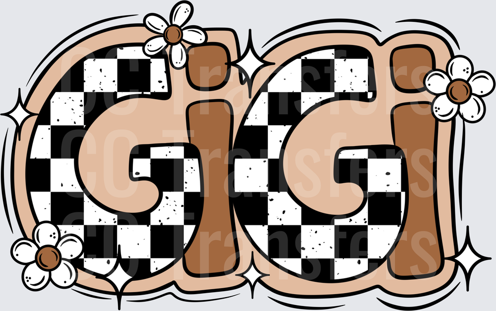 Gigi Retro Checkered Daisy Groovy Letter Design (DTF)