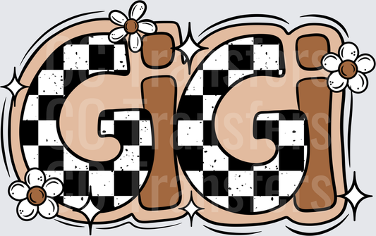 Gigi Retro Checkered Daisy Groovy Letter Design (DTF)