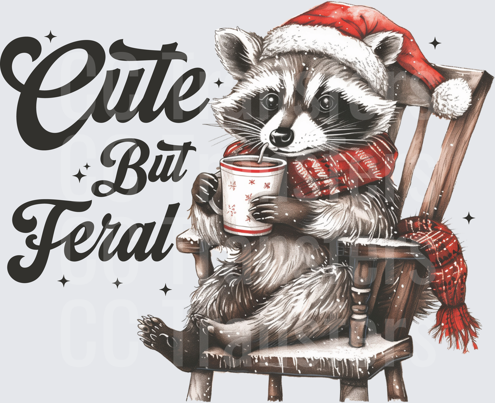 Cute But Feral Christmas Raccoon Santa Hat Coffee (DTF)