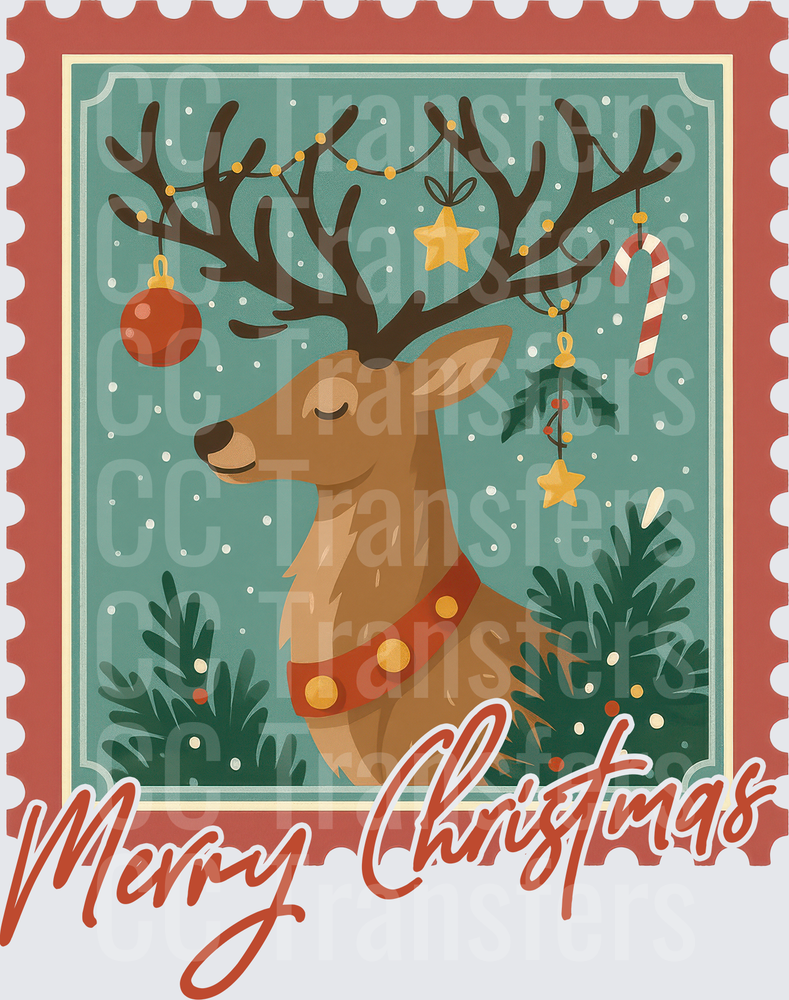 Vintage Christmas Postage Stamp Reindeer Merry Christmas (DTF)