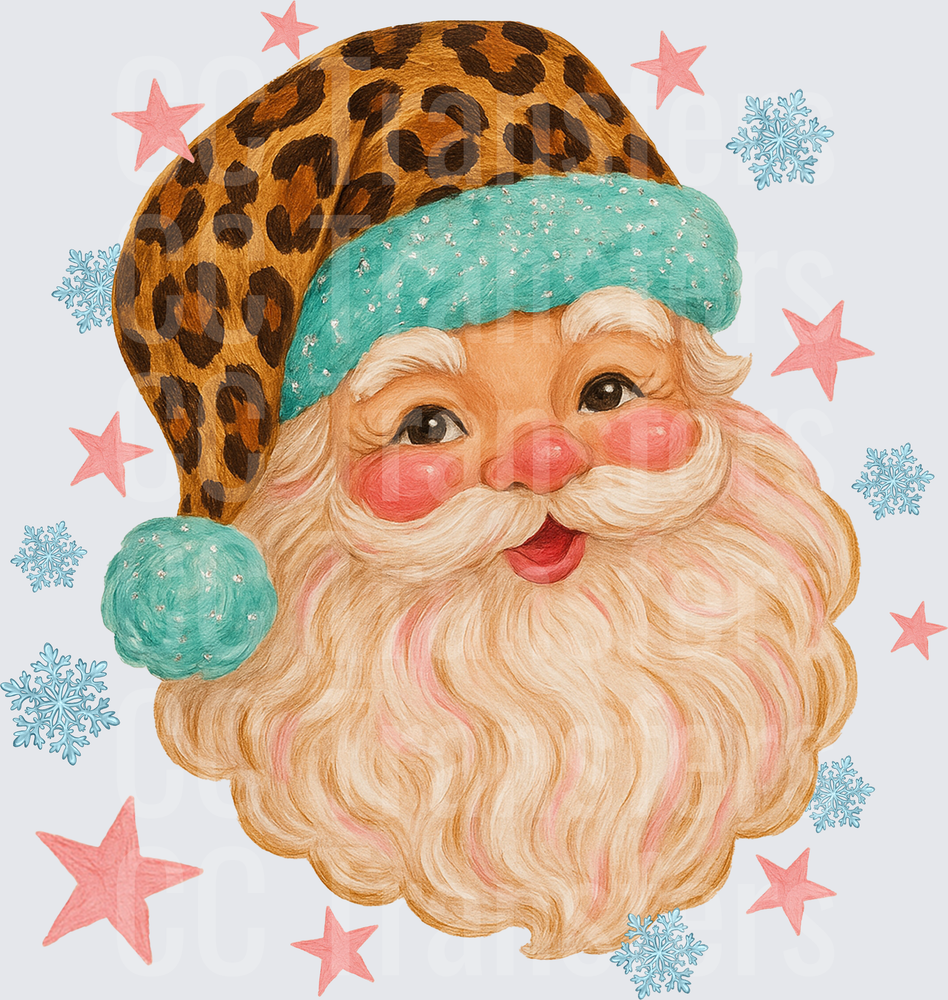 Vintage Santa Leopard Print Teal Hat Snowflakes Stars (DTF)
