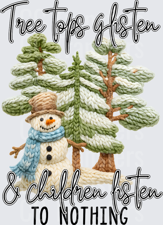 Tree Tops Glisten Knit Snowman Winter Scene (DTF)