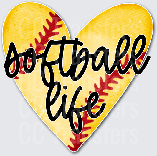 Softball Life Yellow Heart with Red Stitching Script (DTF)