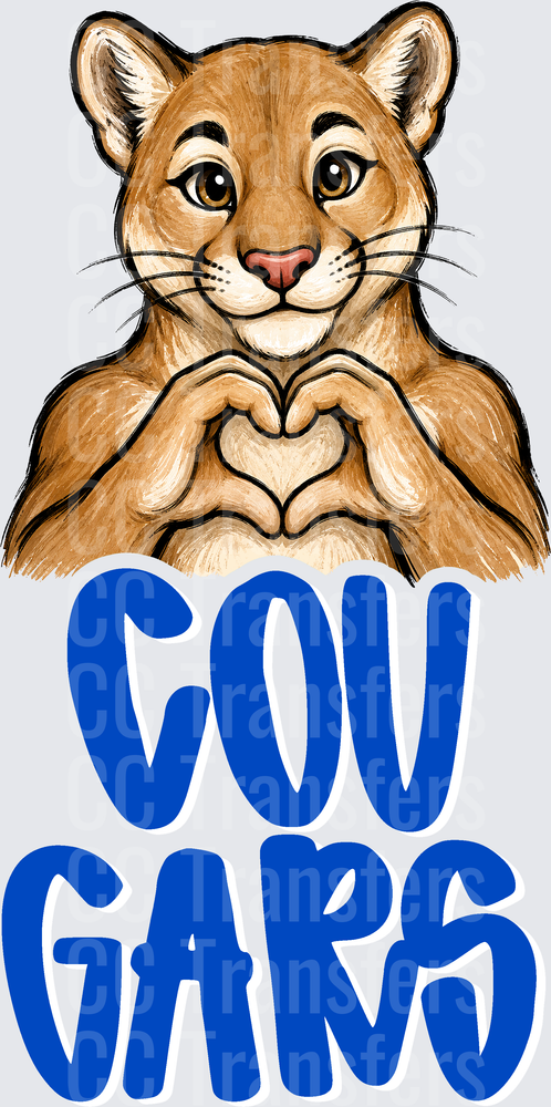 Cute Cougar Making Heart Hands Cougars Blue Text (DTF)