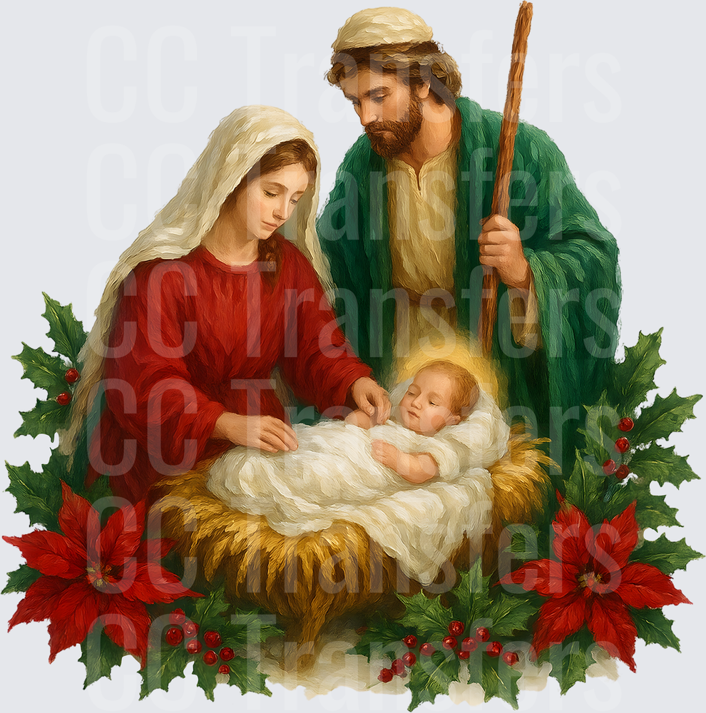 Holy Family Nativity Scene with Poinsettias and Holly (DTF)
