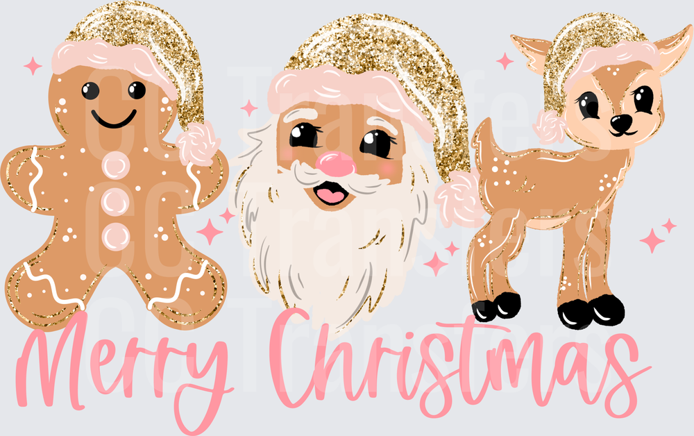 Merry Christmas Gingerbread Santa Reindeer Pink Gold (DTF)