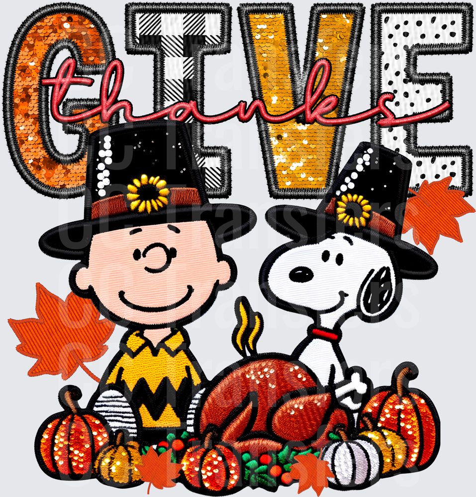 Give Thanks Cartoon Pals Pilgrim Hats Thanksgiving (DTF)