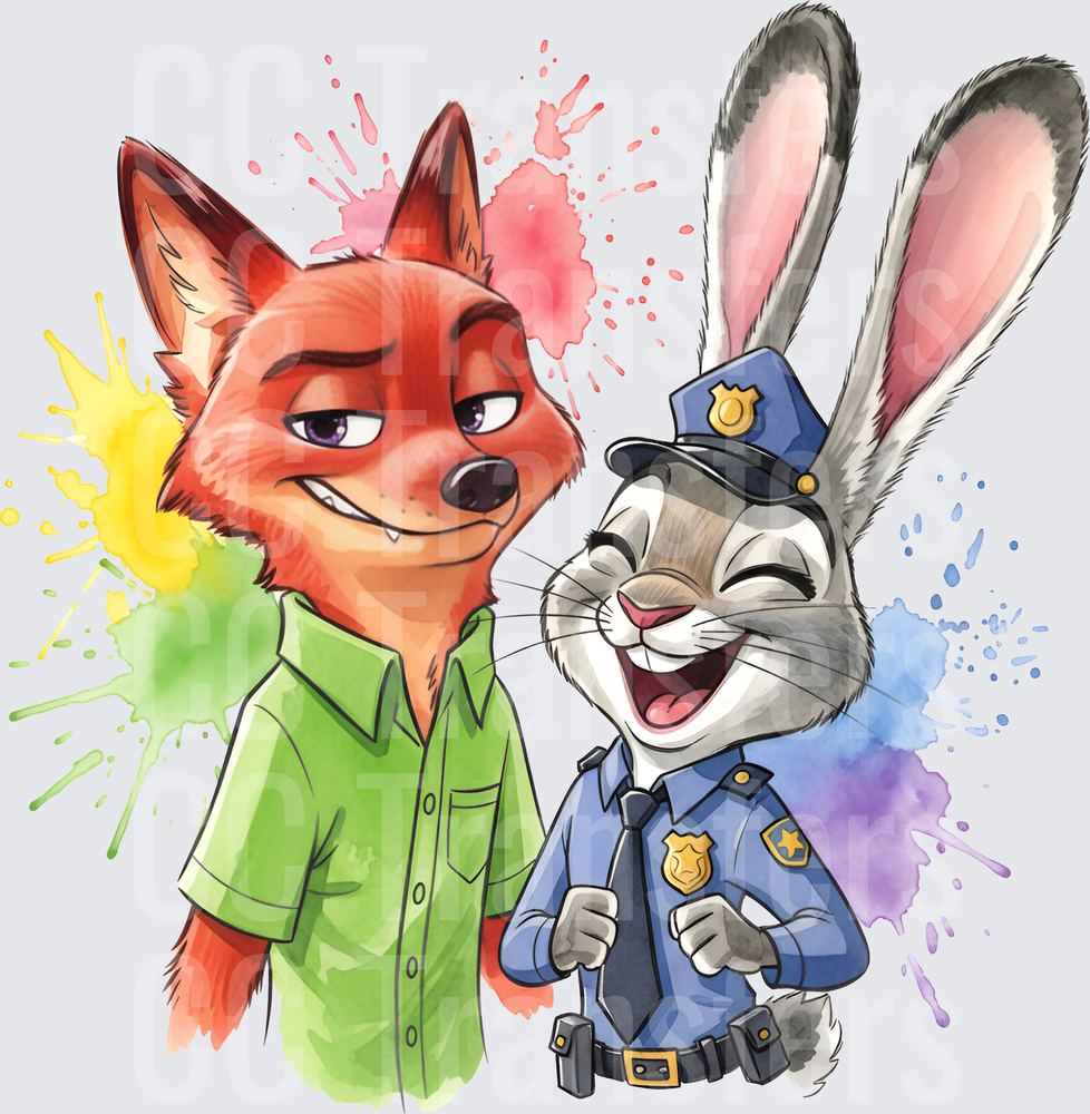 Sly Fox and Laughing Bunny Cop Watercolor Splash (DTF)
