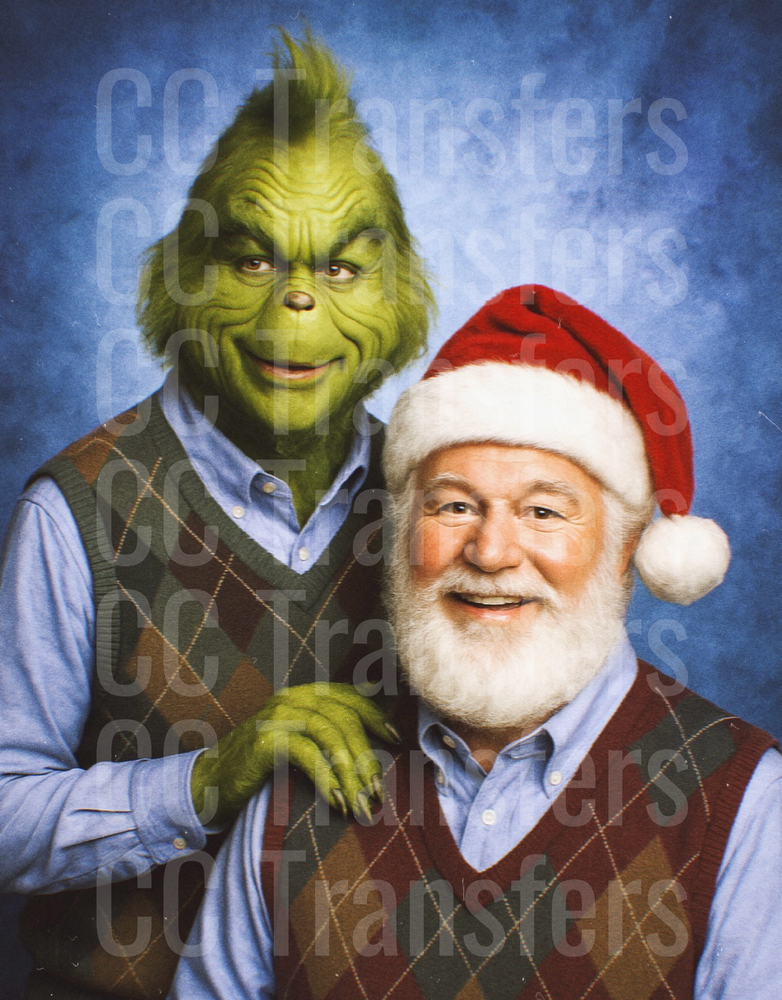 Grumpy Green Creature and Santa Claus Holiday Portrait (DTF)