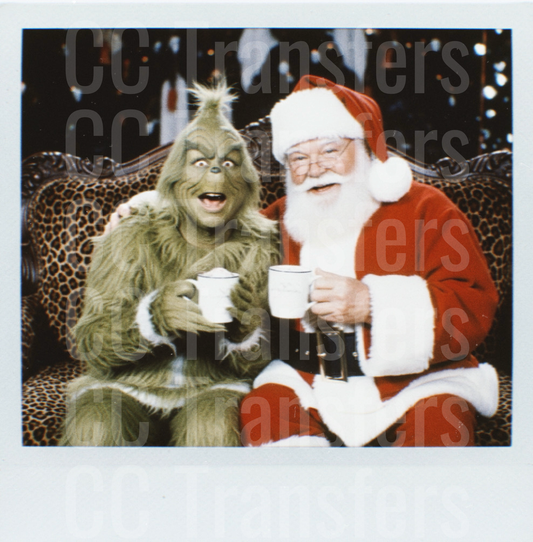 Grinch and Santa Claus Sharing Holiday Mugs Polaroid (DTF)