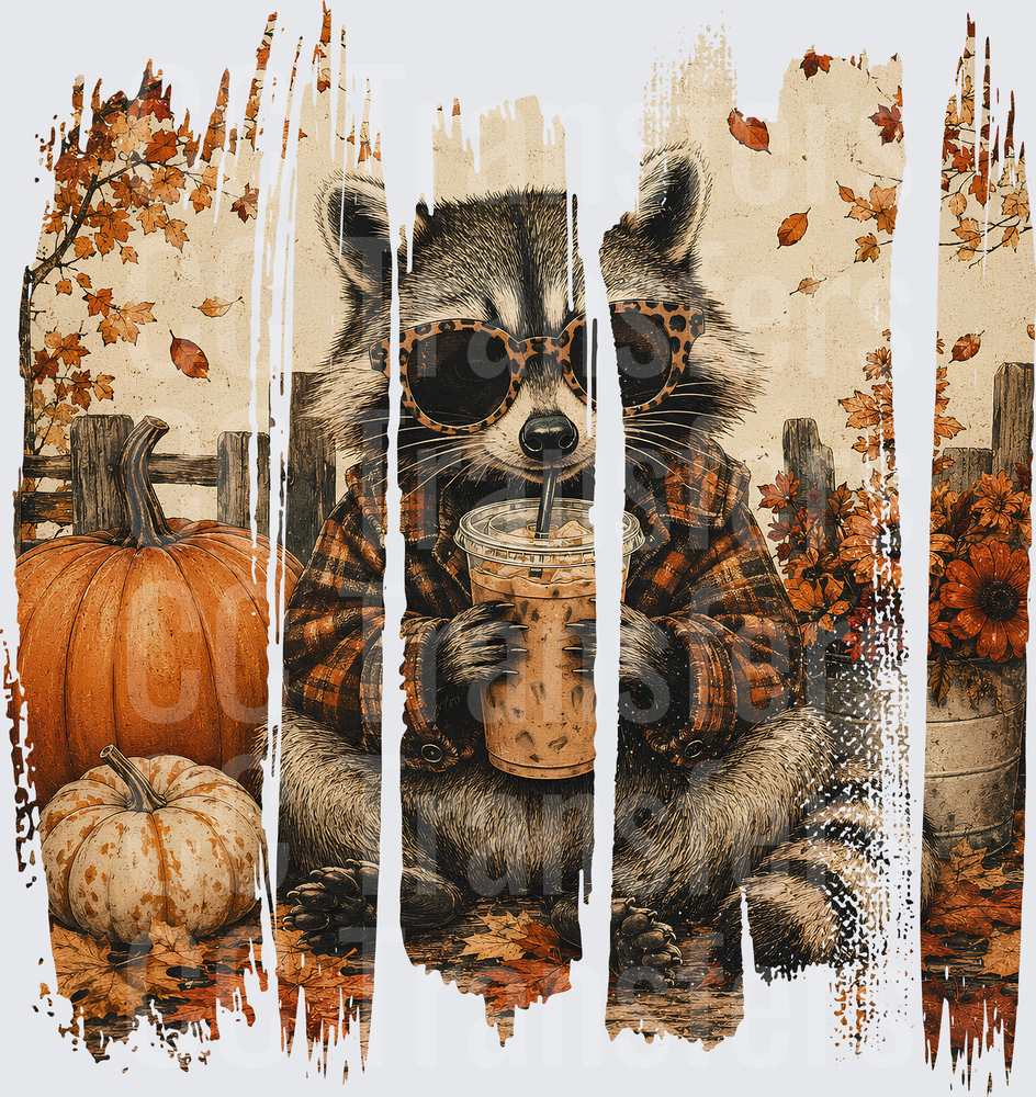 Cool Raccoon Fall Iced Coffee Pumpkin Autumn Brushstroke (DTF)