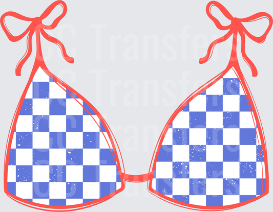 Retro Checkered Bikini Top with Bow Ties Red Blue (DTF)