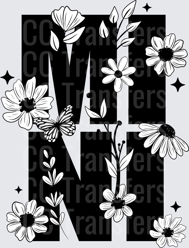 Bold Letter MN Floral Butterfly Black and White Design (DTF)