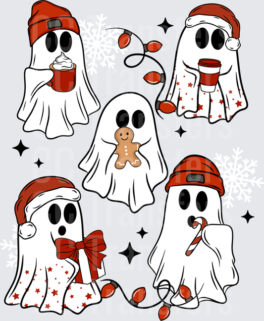 Cute Christmas Ghost Bundle Santa Hats Holiday Lights (DTF)
