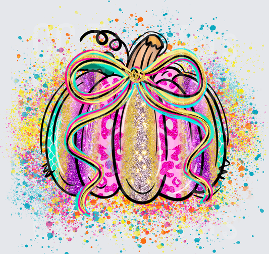 Glitter Bow Pumpkin Colorful Paint Splash Fall (DTF)